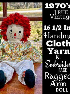 🆕VTG▪️1970's 16.5" Handmade Cloth Yarn Embroidered Face RAGGEDY ANN Doll